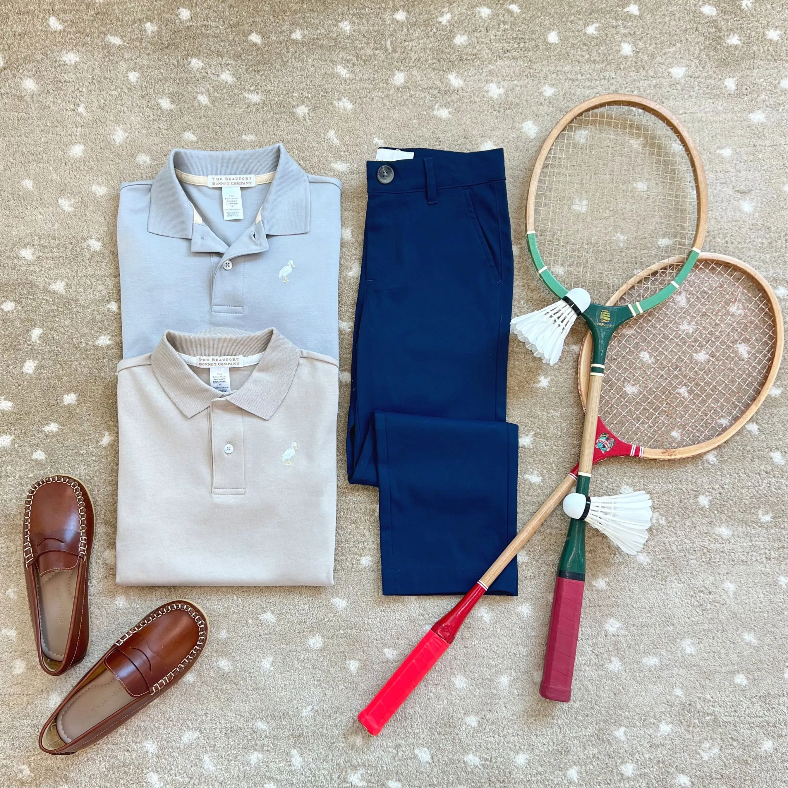 Prim & Proper Polo & Onesie - Keeneland Khaki with Multicolor Stork