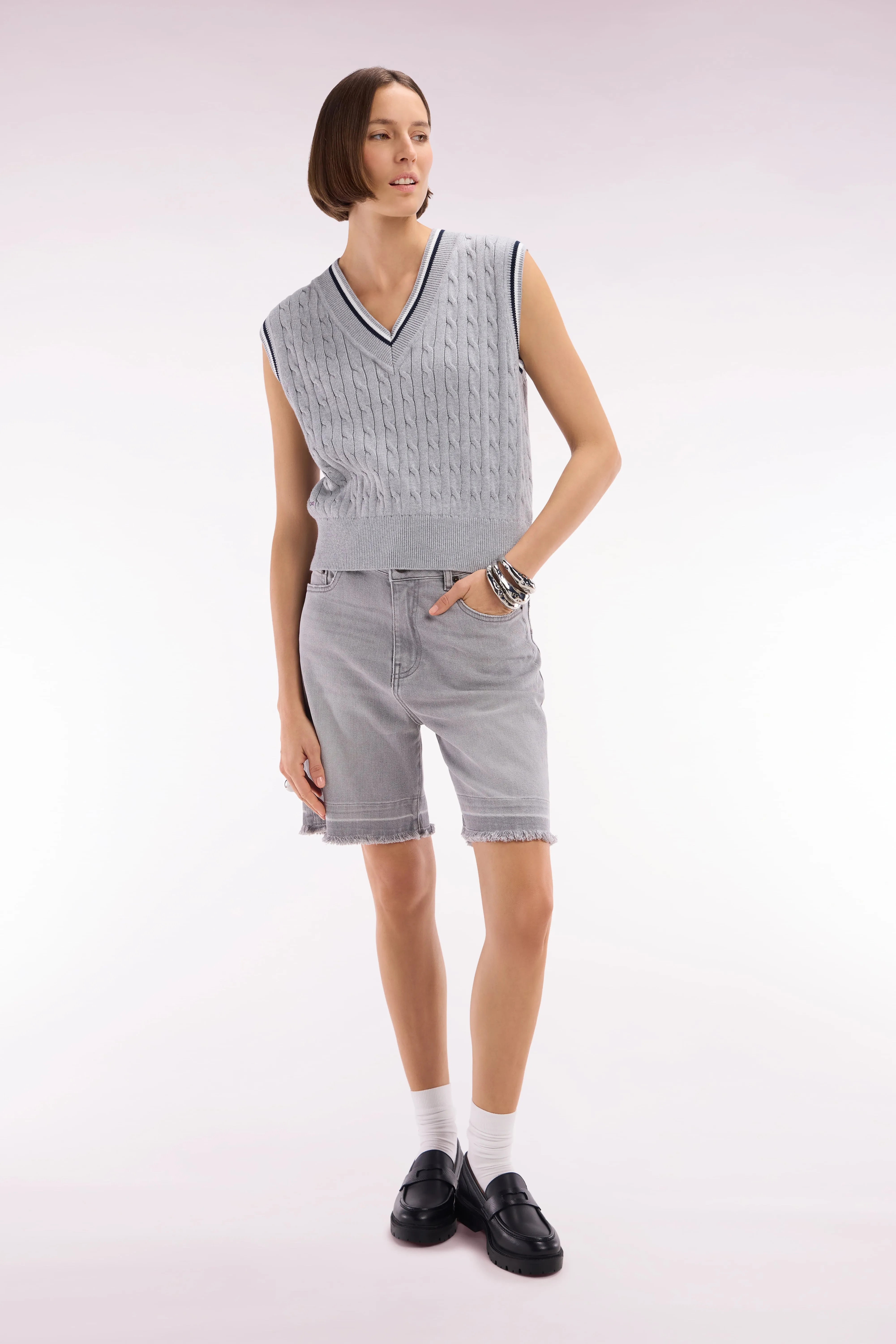 Pull sans manches en coton torsadé gris coupe décontractée
