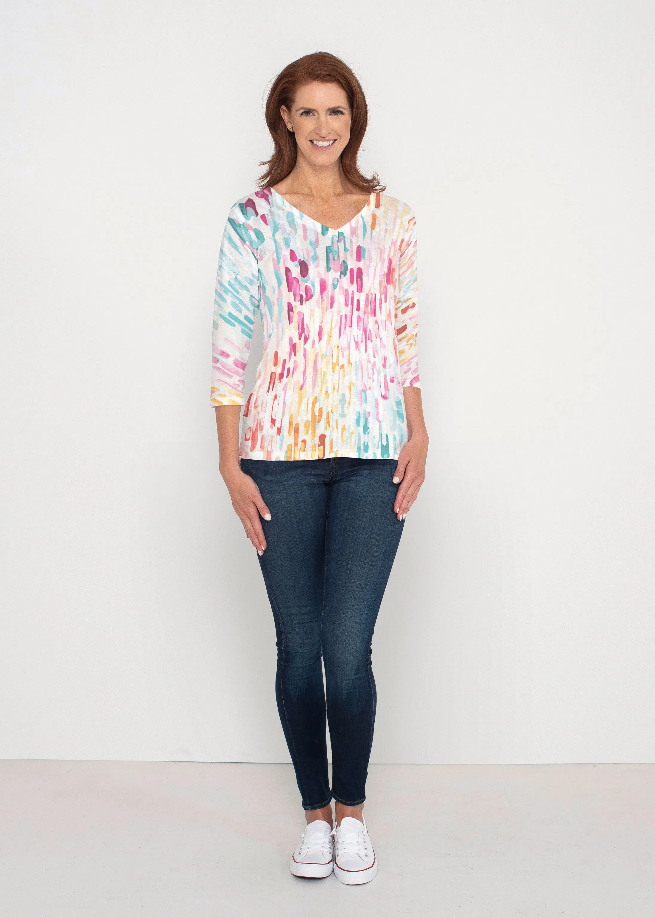 Rainbow Rain (16227) ~ Signature 3/4 Sleeve V-Neck Top