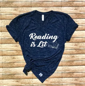 Reading Is Lit Book Shirt - Reading Shirt Book Lover Gift - Book Reader Shirt - Teacher Shirt - Funny Teacher T Shirt Unisex V Neck T Shirt