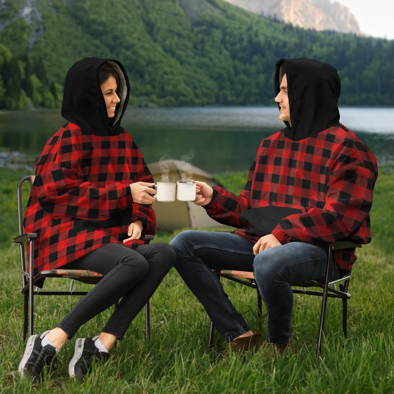 Red and Black Buffalo Plaid Snug Hoodie Wearable Blanket