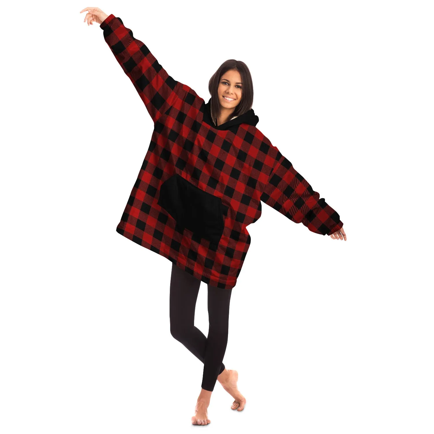 Red and Black Buffalo Plaid Snug Hoodie Wearable Blanket