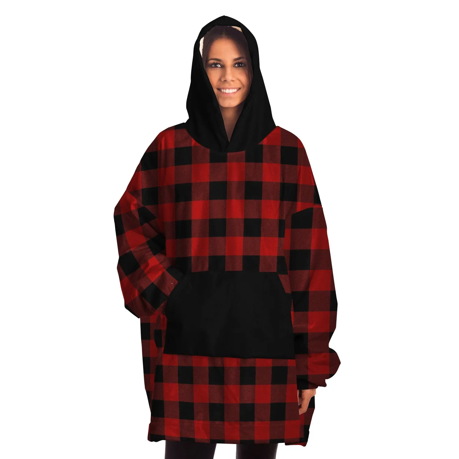 Red and Black Buffalo Plaid Snug Hoodie Wearable Blanket