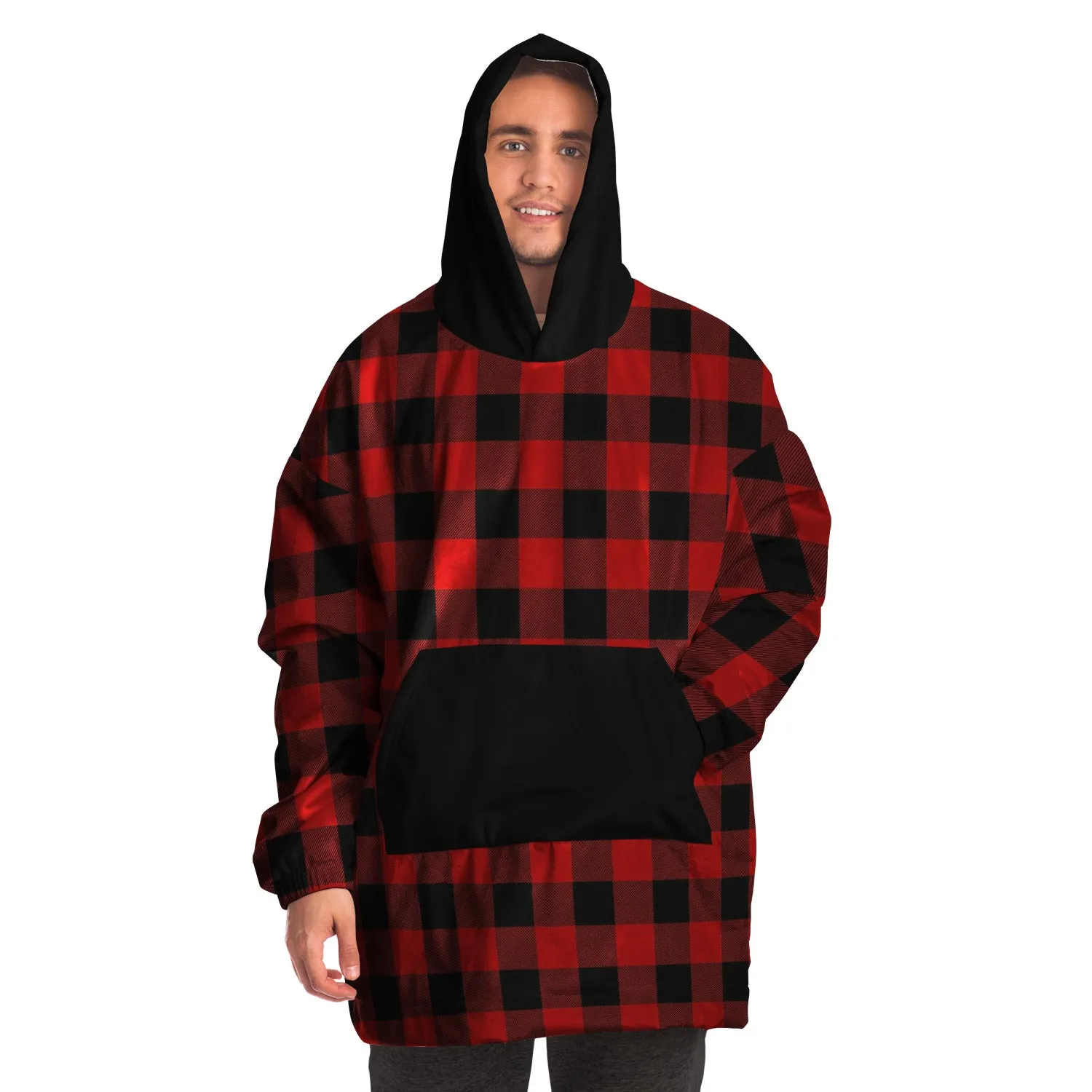 Red and Black Buffalo Plaid Snug Hoodie Wearable Blanket
