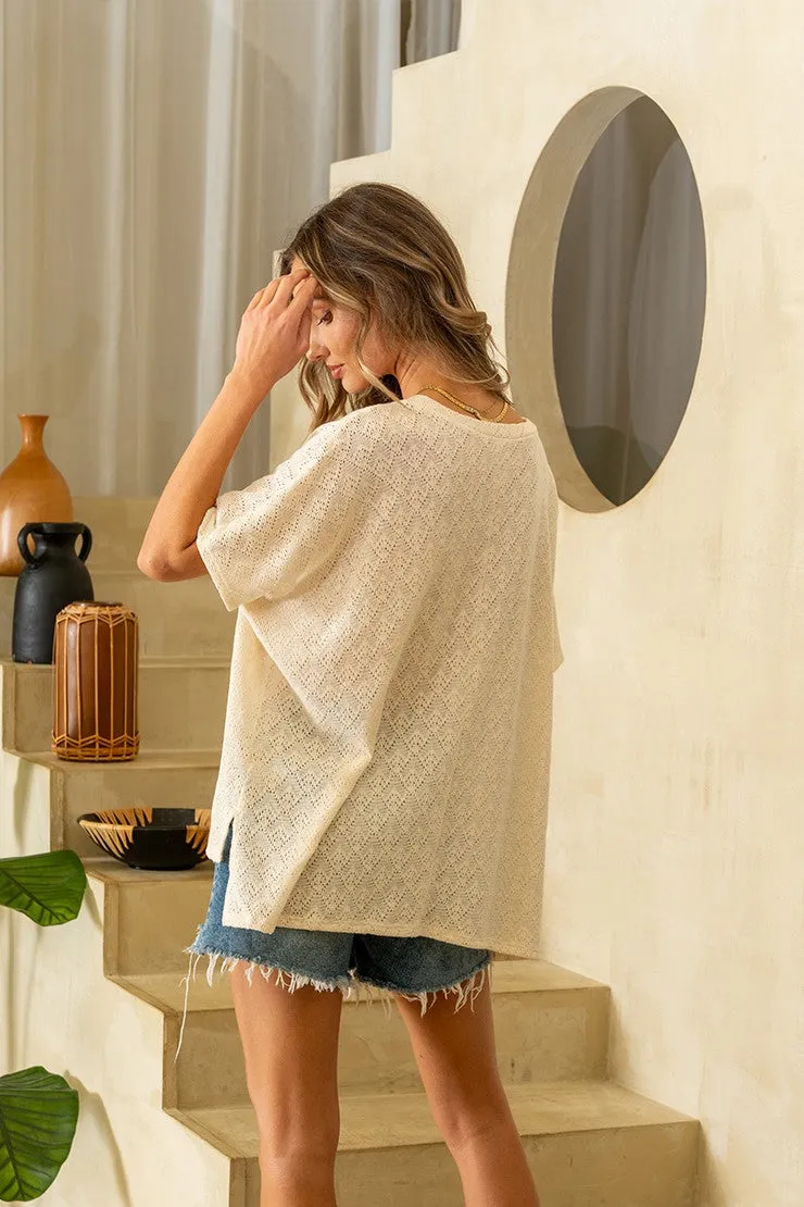 Relaxed V-Neck Crochet Short Sleeve Side Slit Top - Cream by Sew In Love