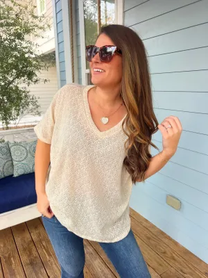 Relaxed V-Neck Crochet Short Sleeve Side Slit Top - Cream by Sew In Love