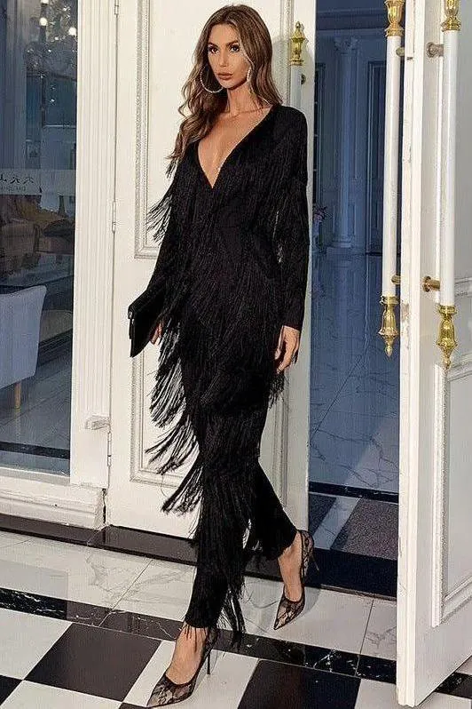 Retro deep V long-sleeved tassel elegant jumpsuit