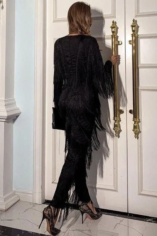 Retro deep V long-sleeved tassel elegant jumpsuit
