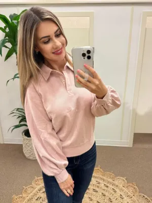 Ribbed Button Front Collared Top In Pink