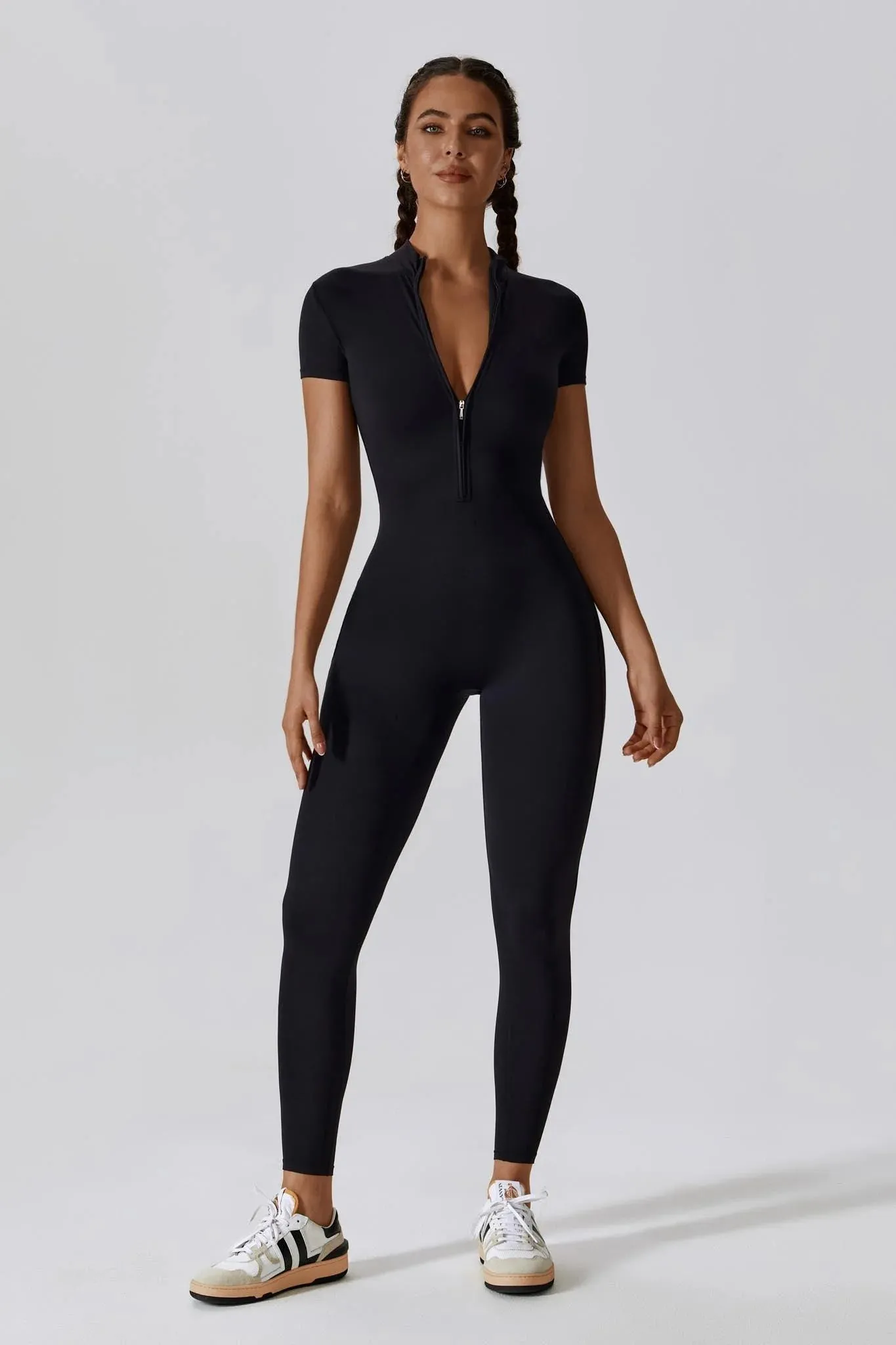 Ribbed Zipper Short Sleeve Jumpsuits