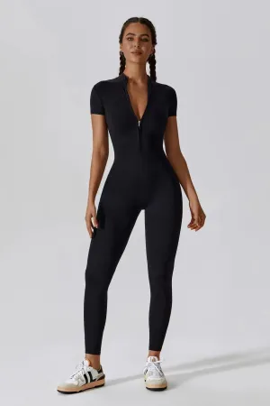Ribbed Zipper Short Sleeve Jumpsuits