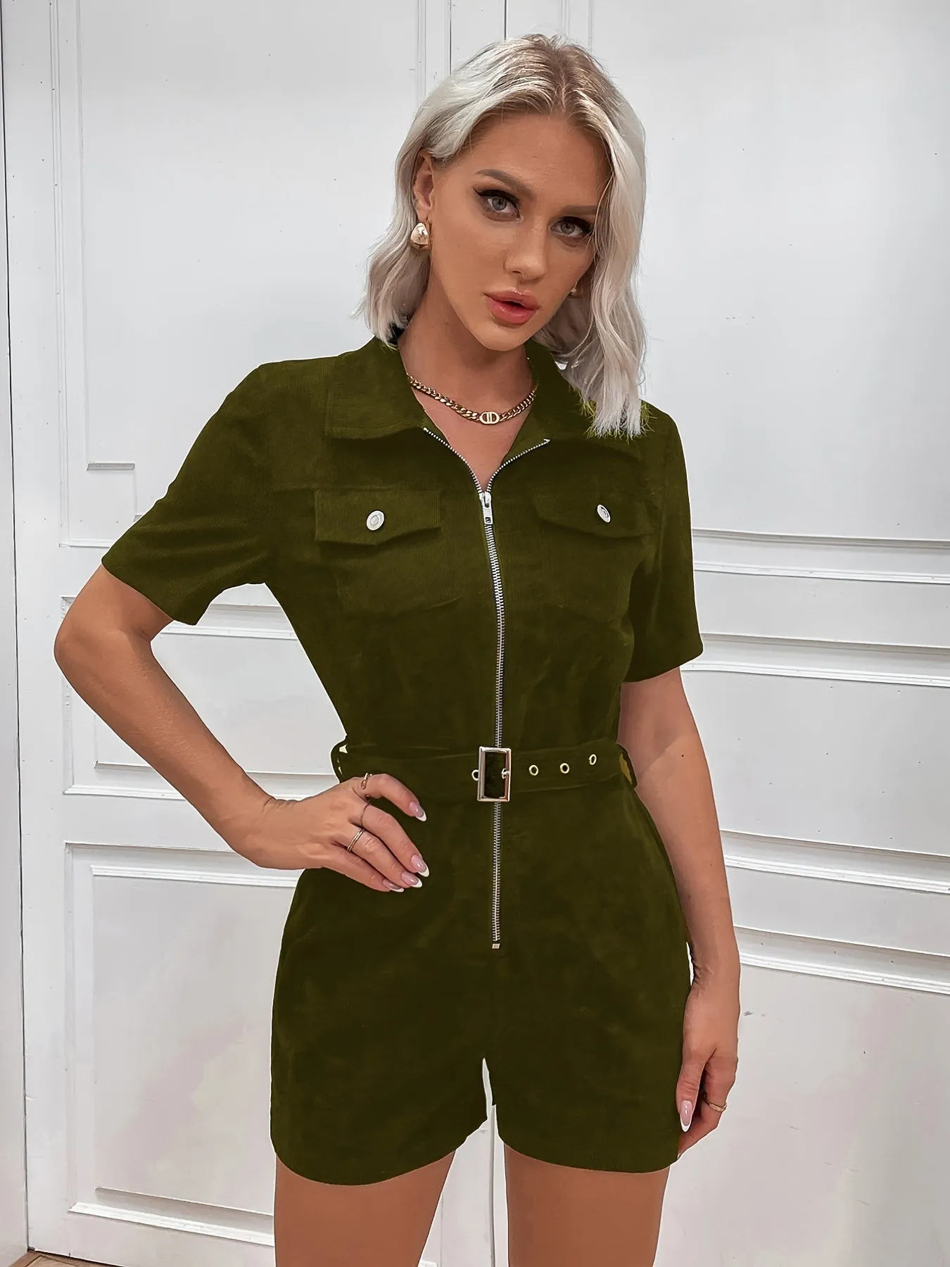 Romper Jumpsuit style Casual Corduroy Zipper, Loose Short Sleeve Belt Waist Jumpsuits