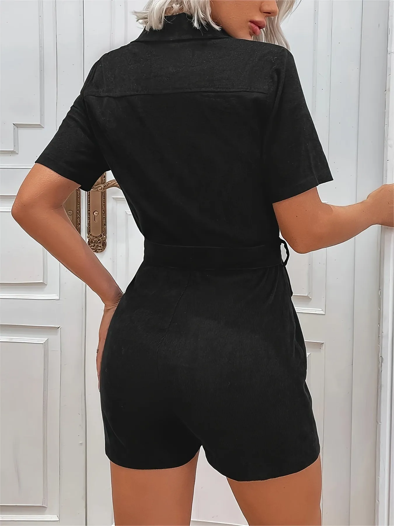 Romper Jumpsuit style Casual Corduroy Zipper, Loose Short Sleeve Belt Waist Jumpsuits