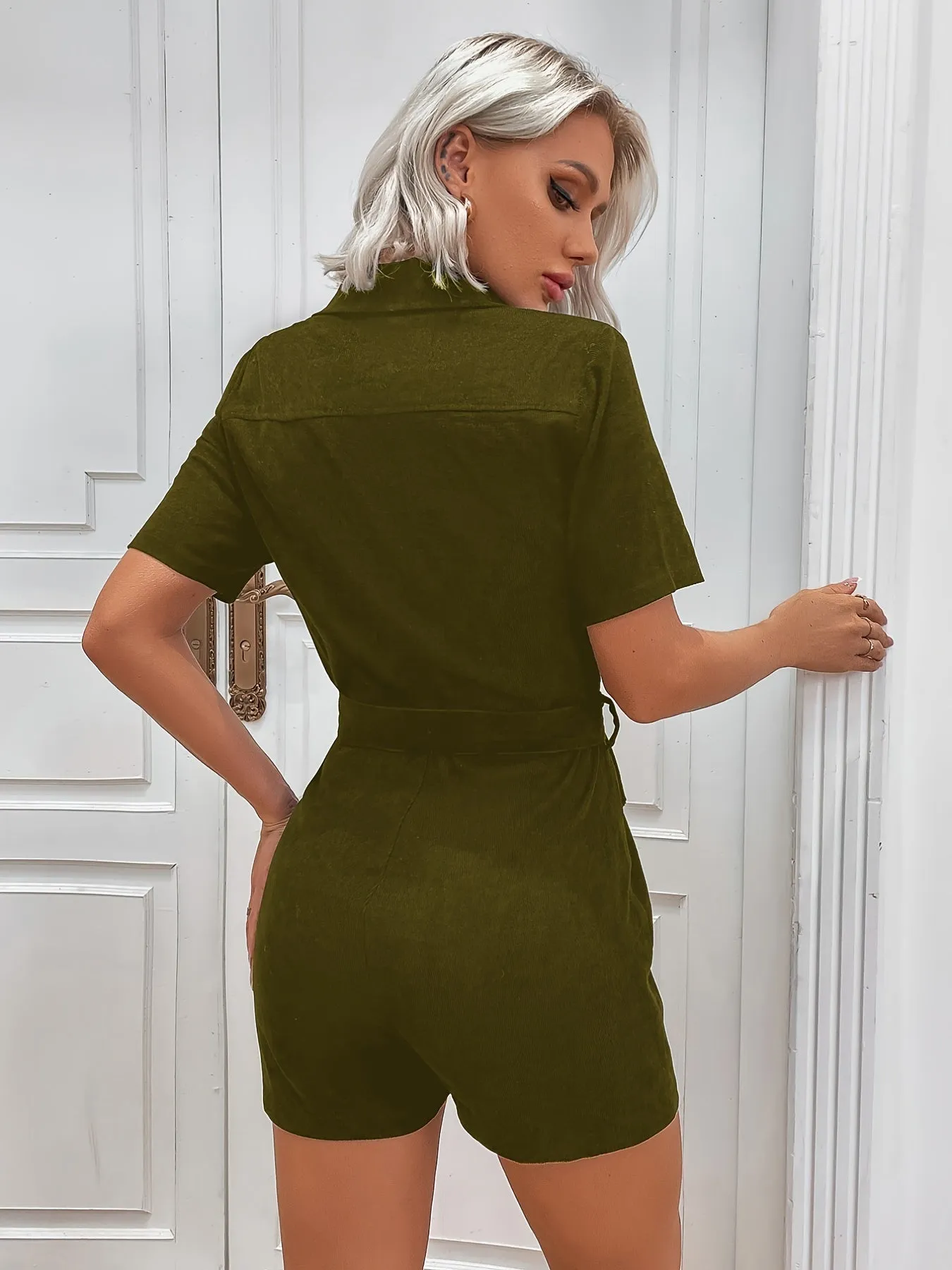 Romper Jumpsuit style Casual Corduroy Zipper, Loose Short Sleeve Belt Waist Jumpsuits