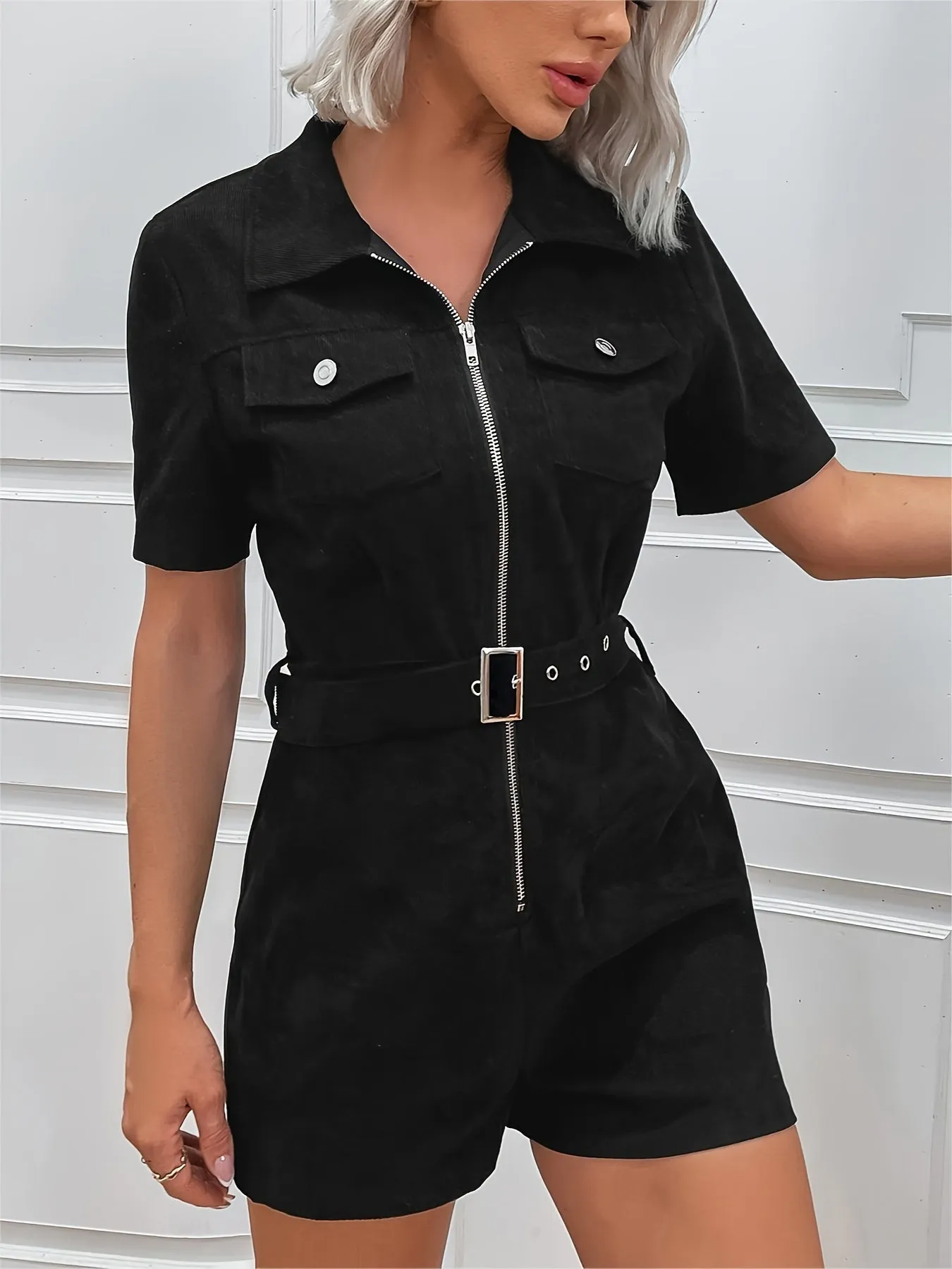 Romper Jumpsuit style Casual Corduroy Zipper, Loose Short Sleeve Belt Waist Jumpsuits