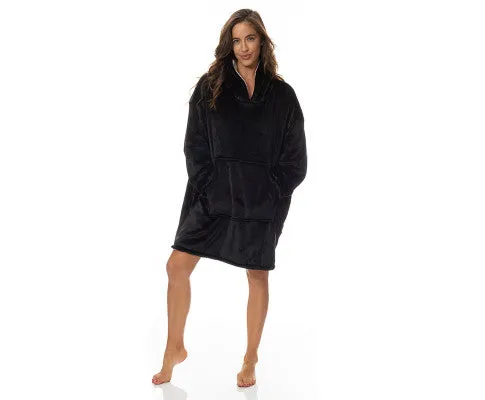 Royal Comfort Snug Hoodie Nightwear Super Soft Reversible Coral Fleece 750GSM One Size Black
