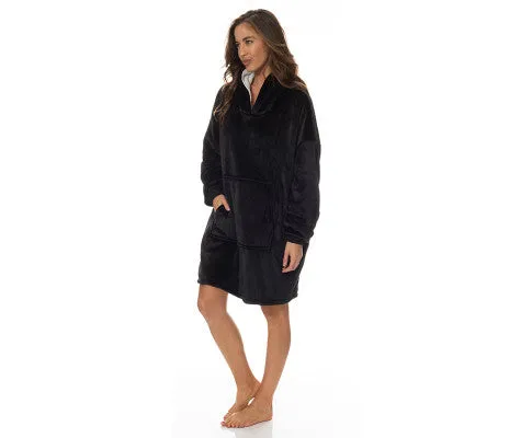 Royal Comfort Snug Hoodie Nightwear Super Soft Reversible Coral Fleece 750GSM One Size Black