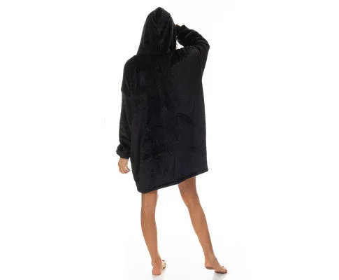 Royal Comfort Snug Hoodie Nightwear Super Soft Reversible Coral Fleece 750GSM One Size Black
