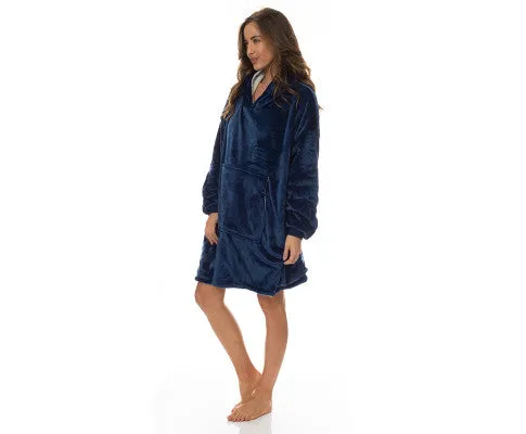 Royal Comfort Snug Hoodie Nightwear Super Soft Reversible Coral Fleece 750GSM One Size Navy