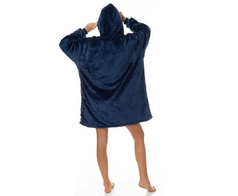Royal Comfort Snug Hoodie Nightwear Super Soft Reversible Coral Fleece 750GSM One Size Navy