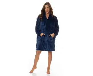 Royal Comfort Snug Hoodie Nightwear Super Soft Reversible Coral Fleece 750GSM One Size Navy