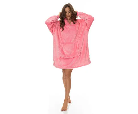 Royal Comfort Snug Hoodie Nightwear Super Soft Reversible Coral Fleece 750GSM One Size Pink