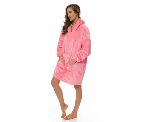 Royal Comfort Snug Hoodie Nightwear Super Soft Reversible Coral Fleece 750GSM One Size Pink