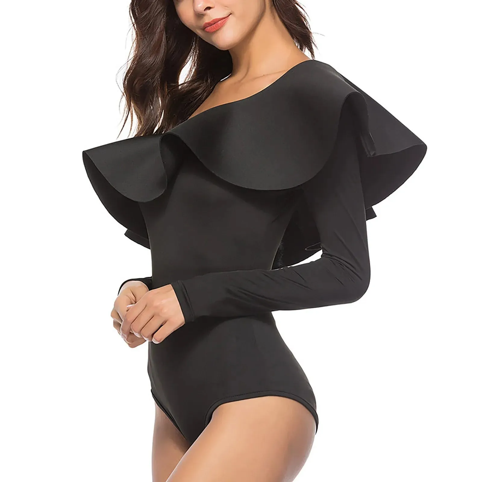 Ruffle Solid Color Long Sleeve Jumpsuit Casual Slim One Shoulder Playsuits Plus Size Jumpsuits For Women Summer Casual Rompers
