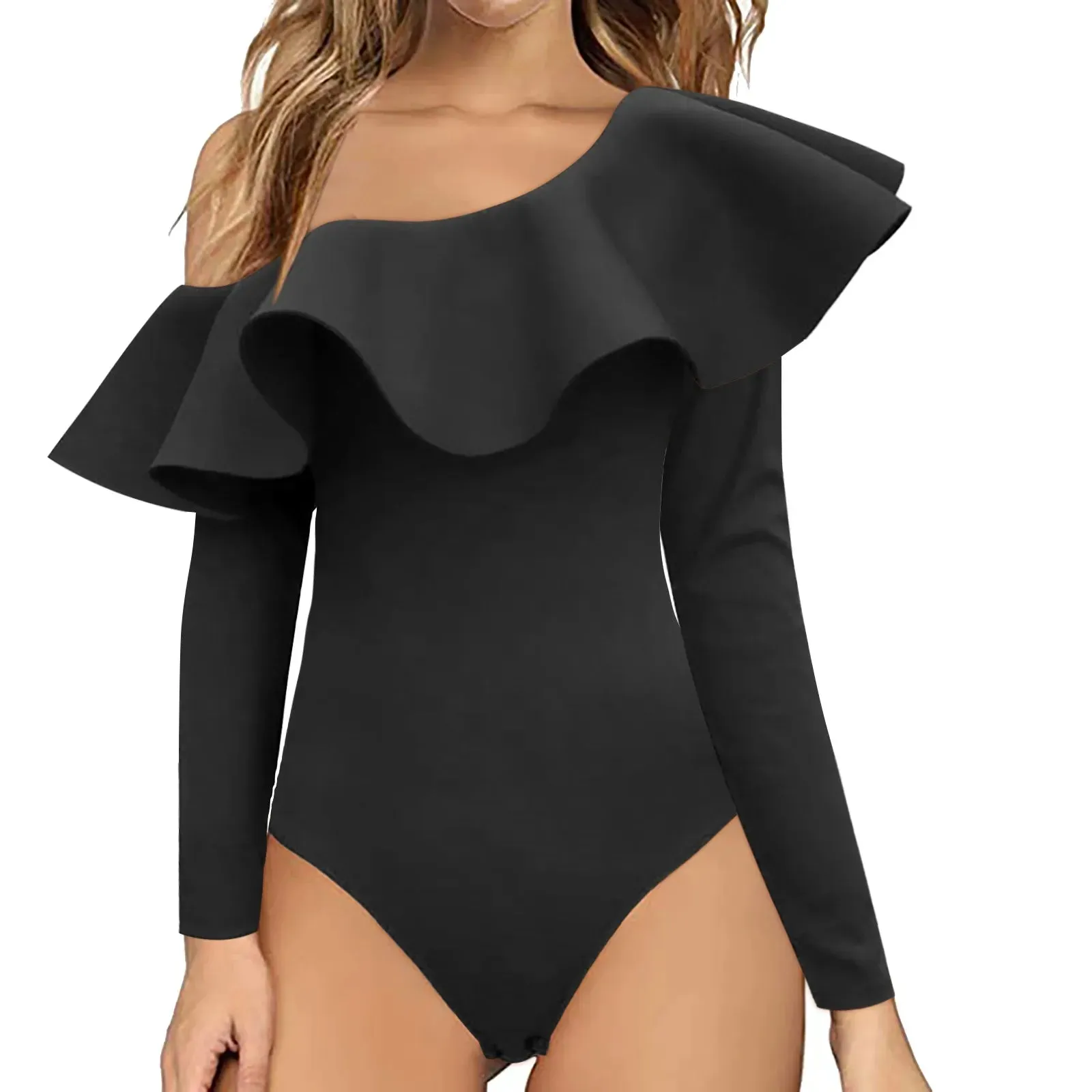 Ruffle Solid Color Long Sleeve Jumpsuit Casual Slim One Shoulder Playsuits Plus Size Jumpsuits For Women Summer Casual Rompers