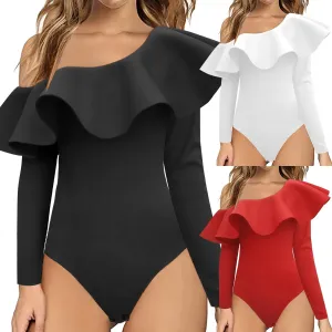 Ruffle Solid Color Long Sleeve Jumpsuit Casual Slim One Shoulder Playsuits Plus Size Jumpsuits For Women Summer Casual Rompers