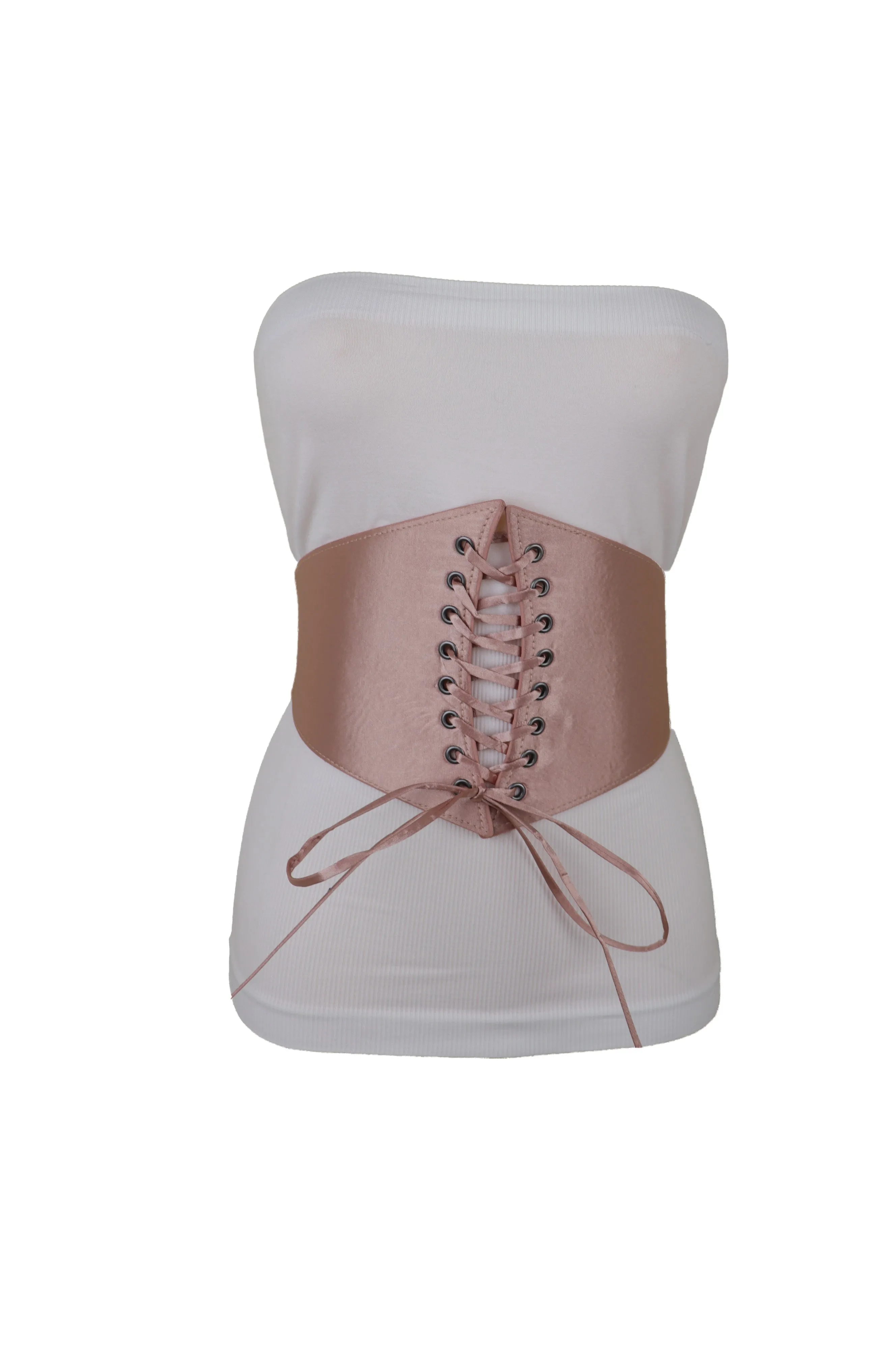 Salmon Pink Wide Faux Silk Fabric Elastic Band Corset Fashion Belt Fit S M