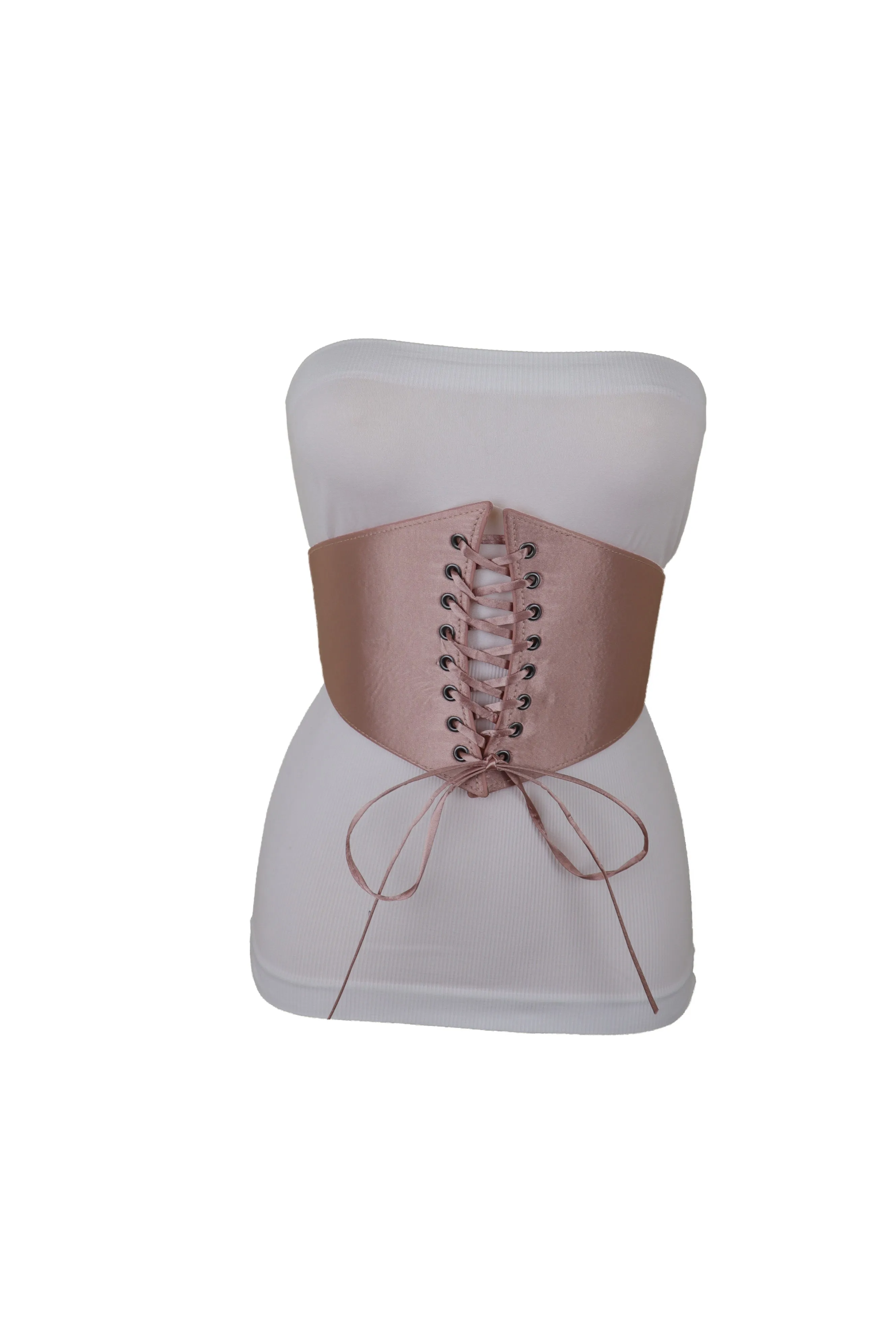 Salmon Pink Wide Faux Silk Fabric Elastic Band Corset Fashion Belt Fit S M