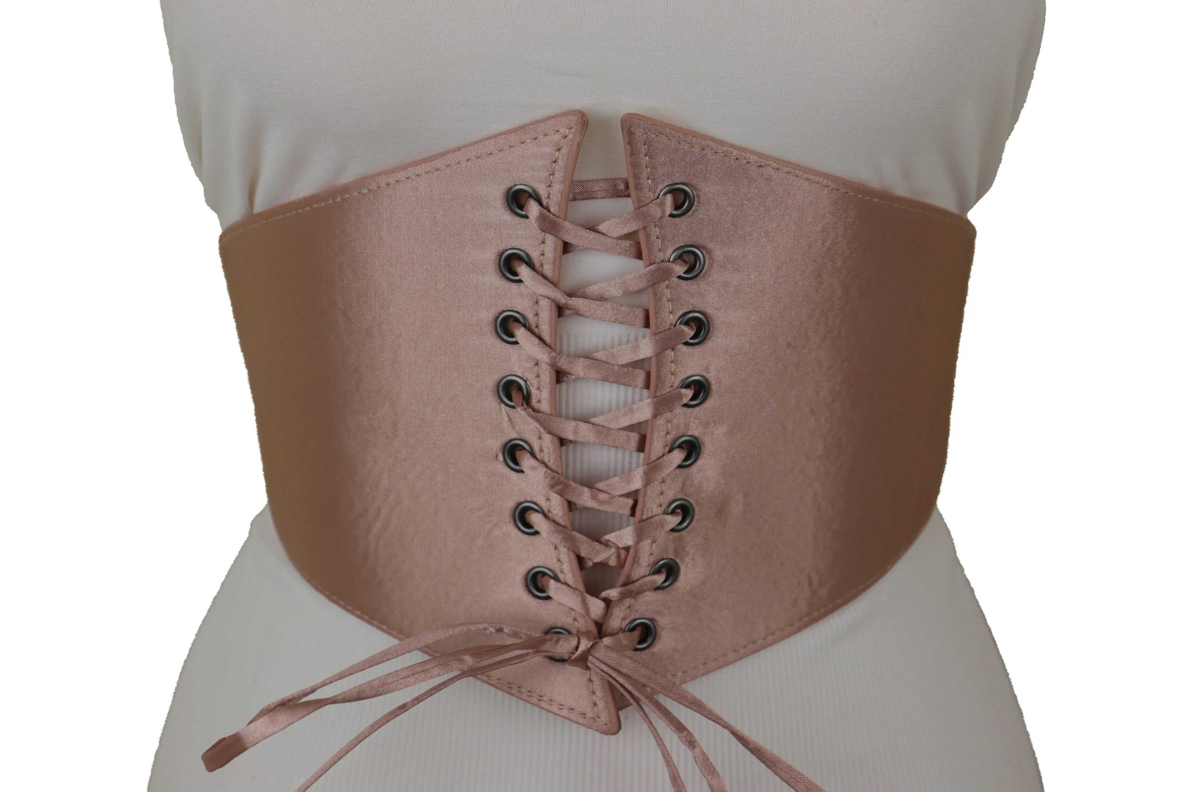 Salmon Pink Wide Faux Silk Fabric Elastic Band Corset Fashion Belt Fit S M