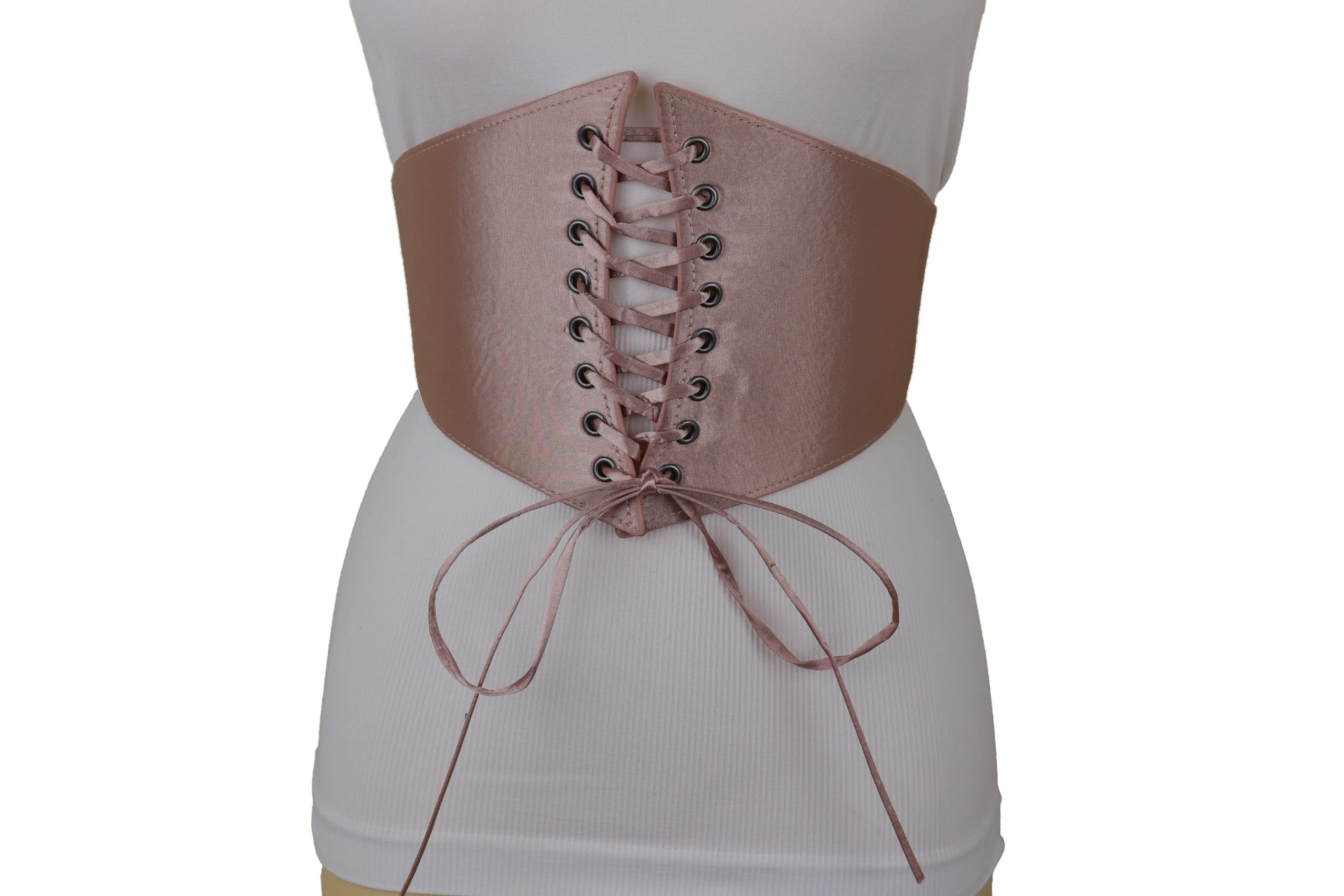 Salmon Pink Wide Faux Silk Fabric Elastic Band Corset Fashion Belt Fit S M