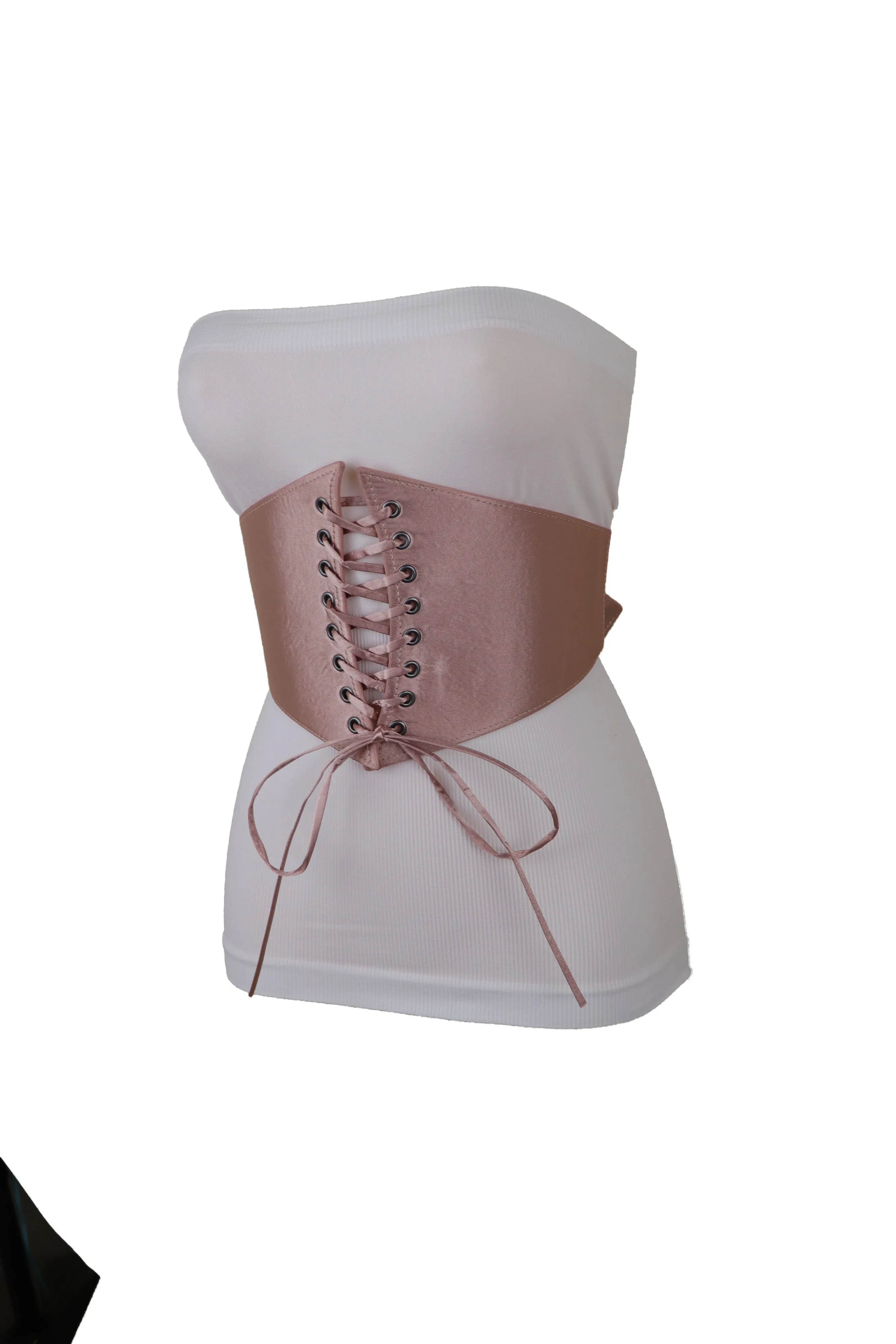 Salmon Pink Wide Faux Silk Fabric Elastic Band Corset Fashion Belt Fit S M