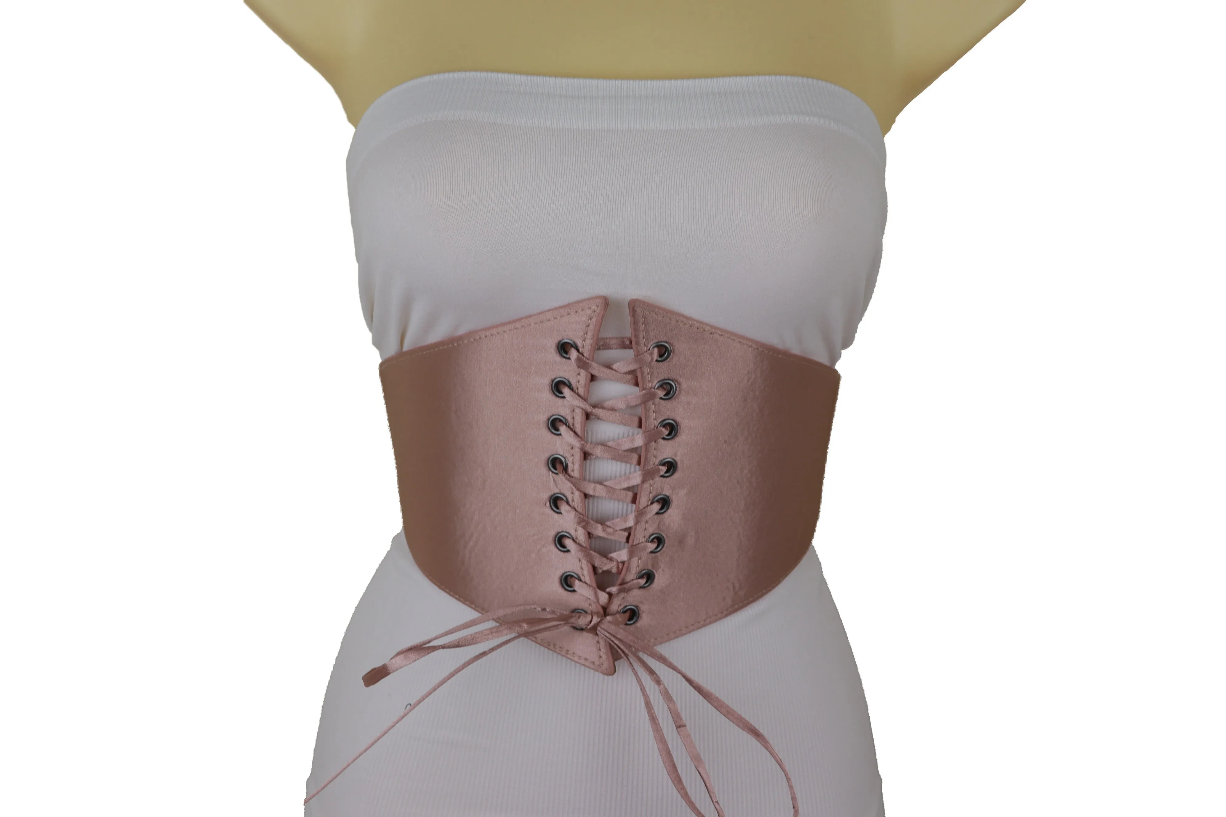 Salmon Pink Wide Faux Silk Fabric Elastic Band Corset Fashion Belt Fit S M