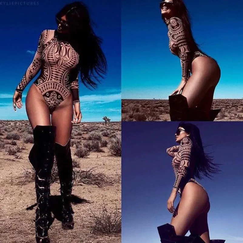 Sexy Elegant Women Totem Printed Jumpsuits Romper Long Sleeve Slim Perspective Bodysuit Overalls Playsuit