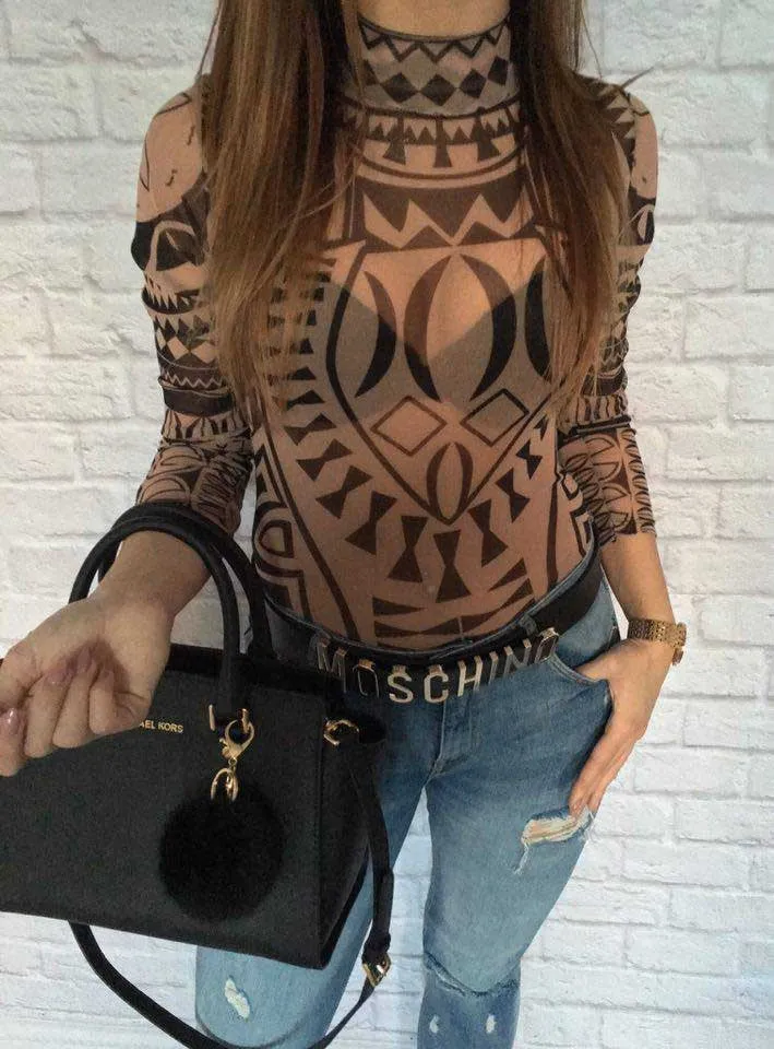 Sexy Elegant Women Totem Printed Jumpsuits Romper Long Sleeve Slim Perspective Bodysuit Overalls Playsuit