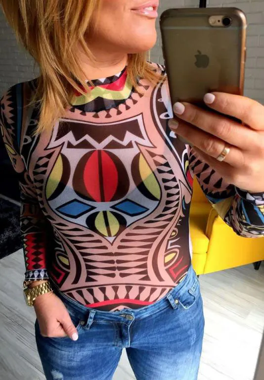 Sexy Elegant Women Totem Printed Jumpsuits Romper Long Sleeve Slim Perspective Bodysuit Overalls Playsuit