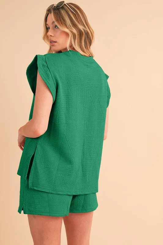 SHEWIN INC. Textured Ruffle Split Top and Drawstring Shorts
