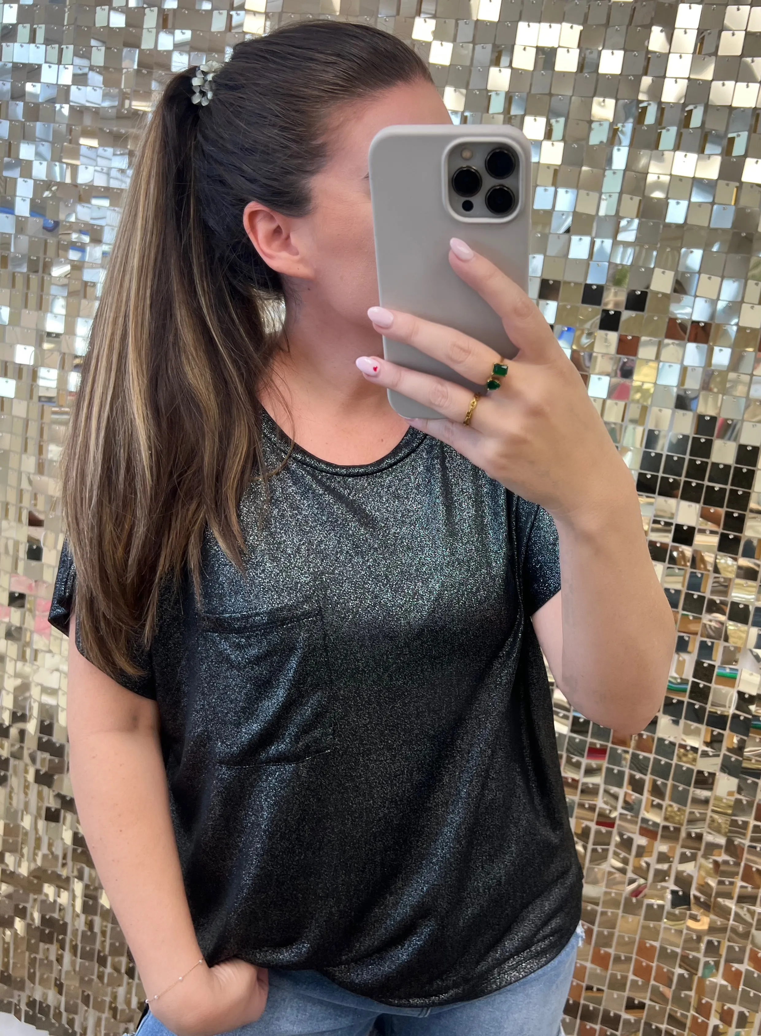 Shimmering Short Sleeve Top - Black by Sew In Love