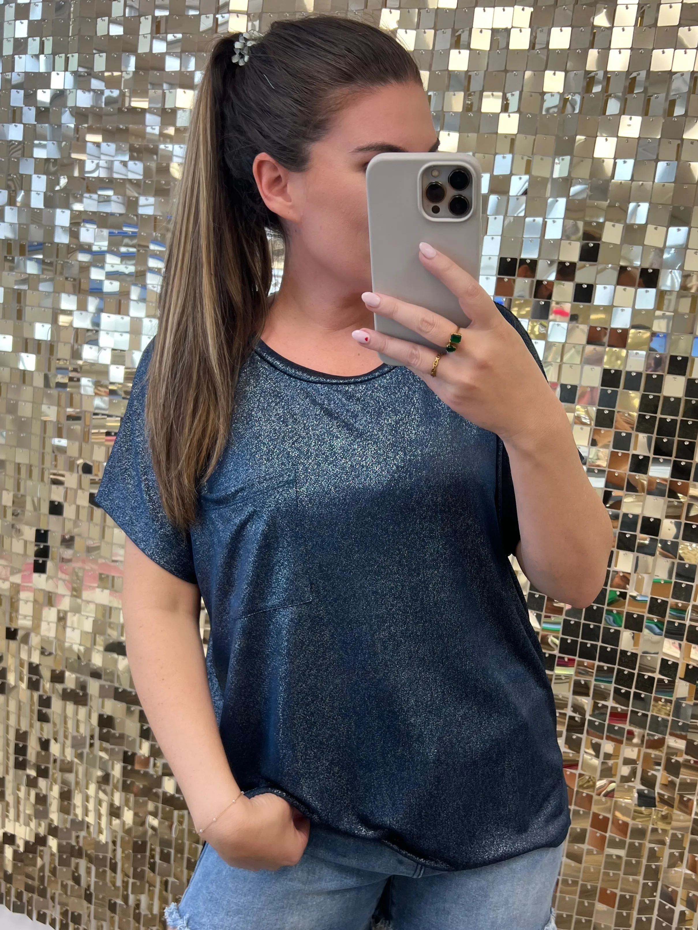 Shimmering Short Sleeve Top - Navy by Sew In Love