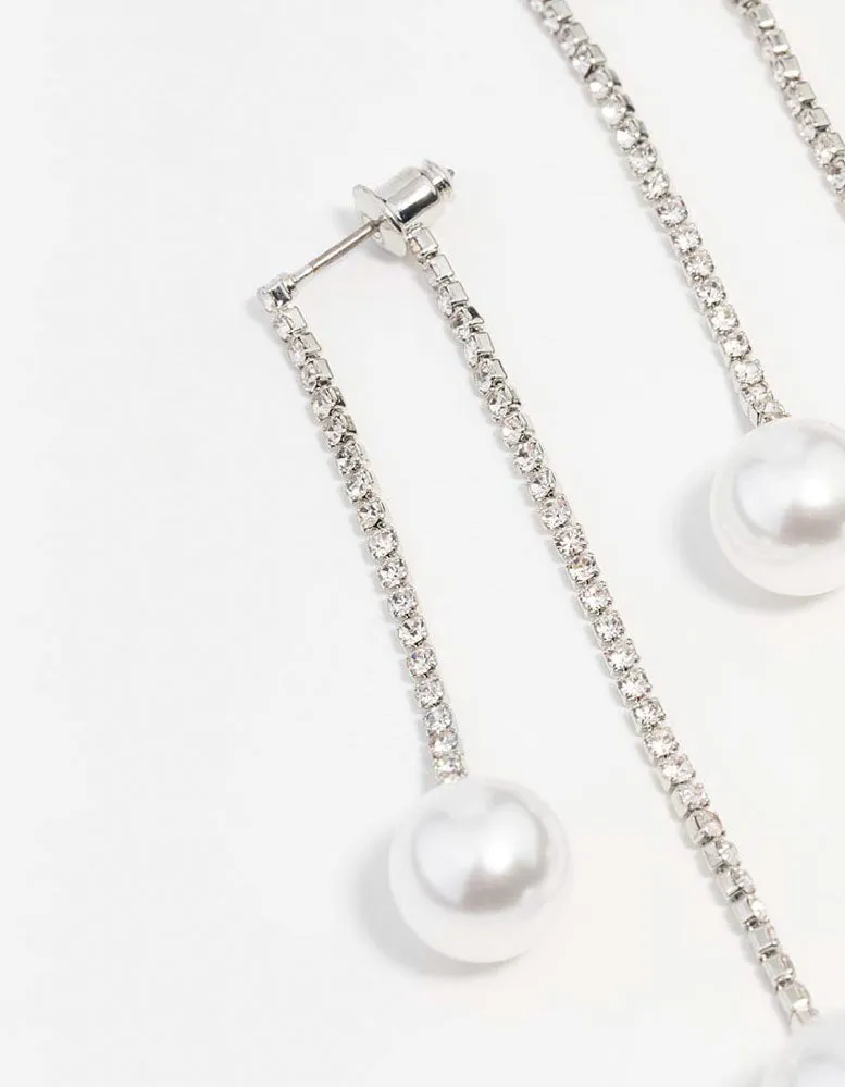 Silver Double Diamante Pearl Drop Earrings