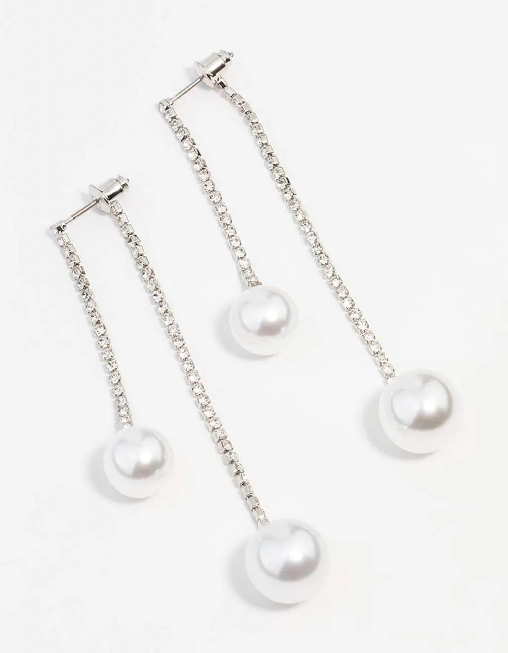 Silver Double Diamante Pearl Drop Earrings