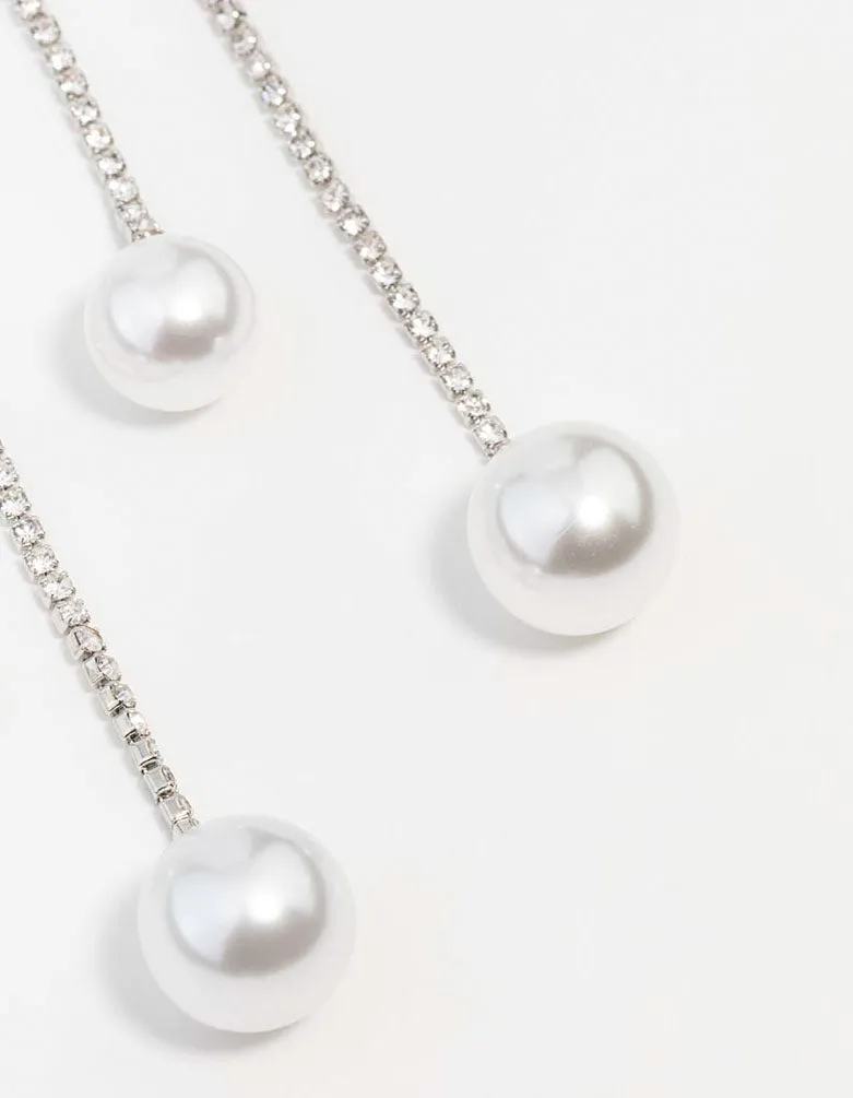 Silver Double Diamante Pearl Drop Earrings