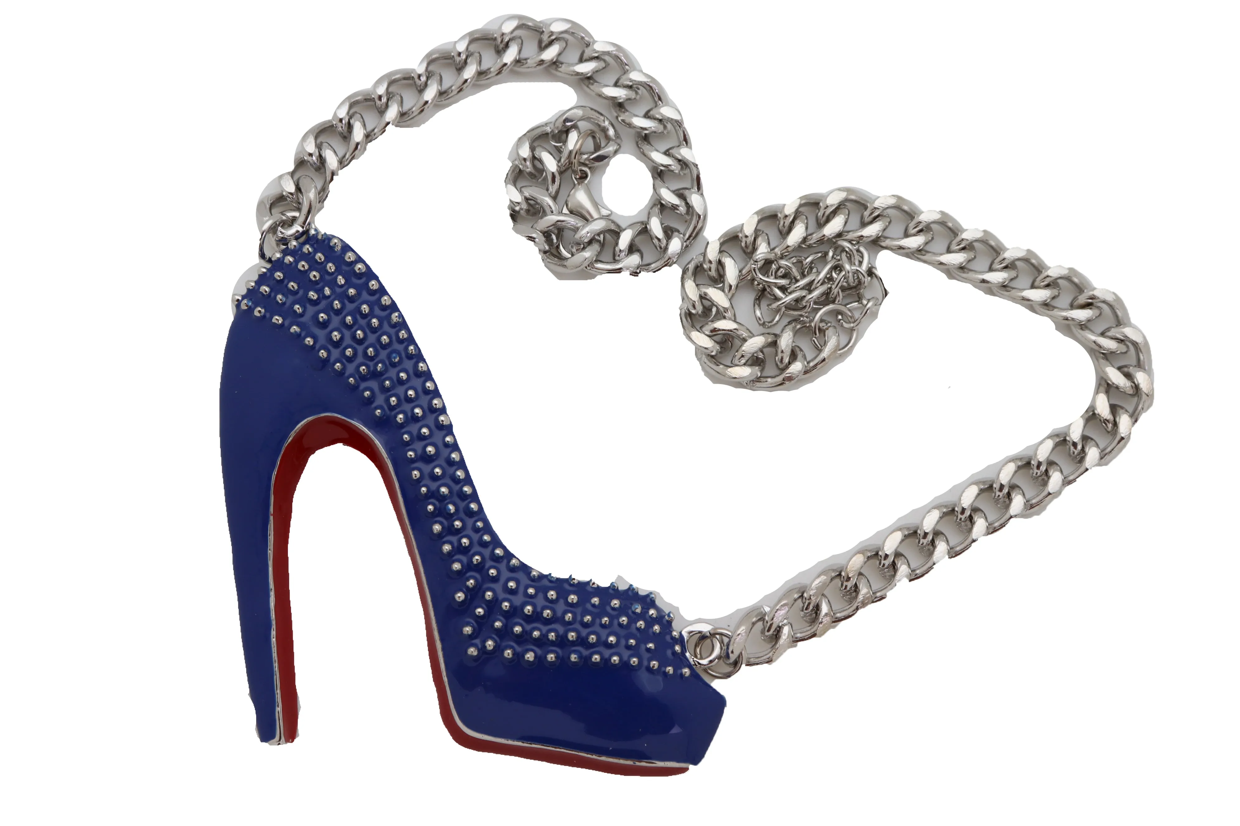 Silver Metal Chain Necklace Blue Heel Pump Shoe Pendant
