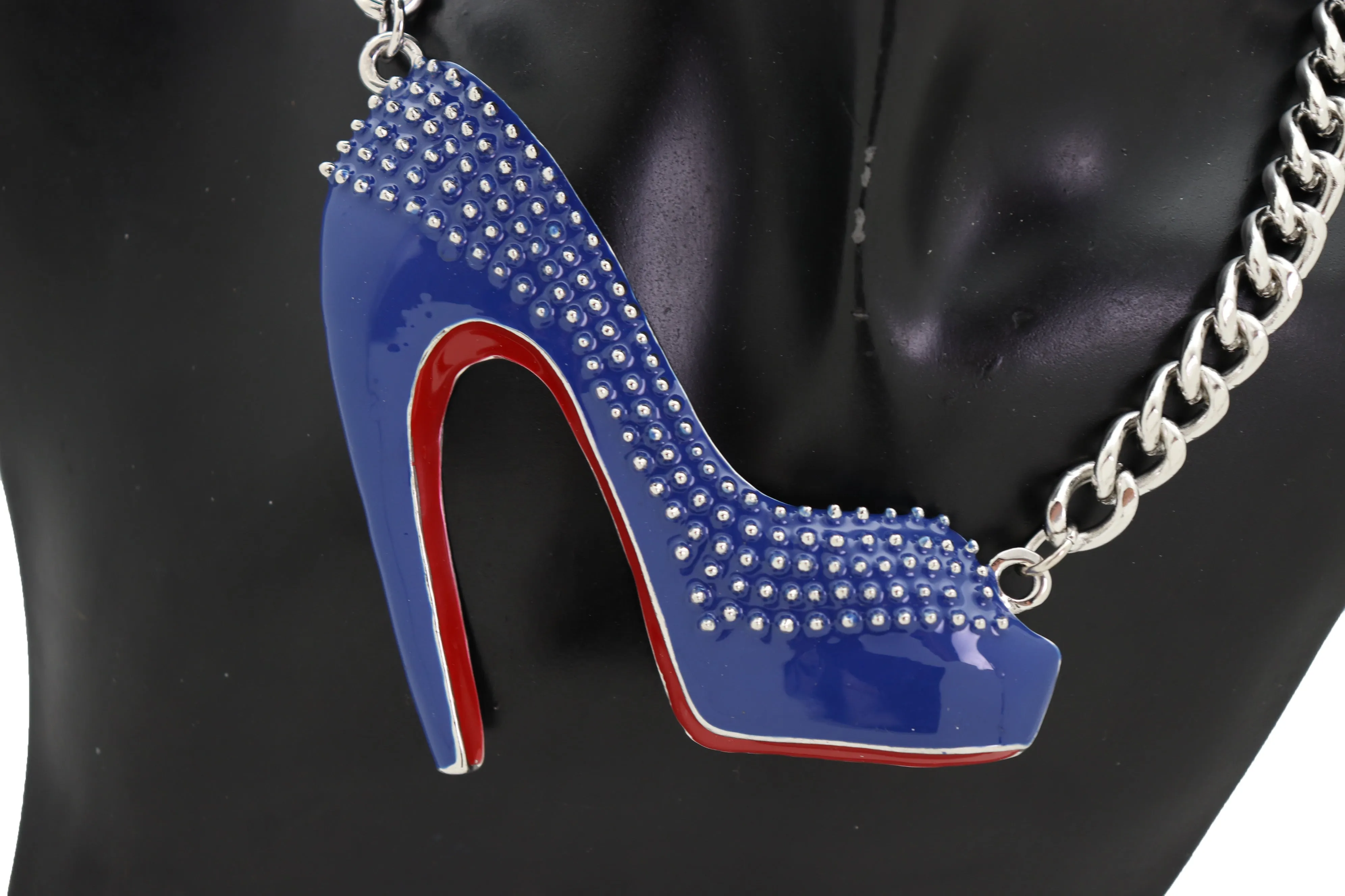 Silver Metal Chain Necklace Blue Heel Pump Shoe Pendant
