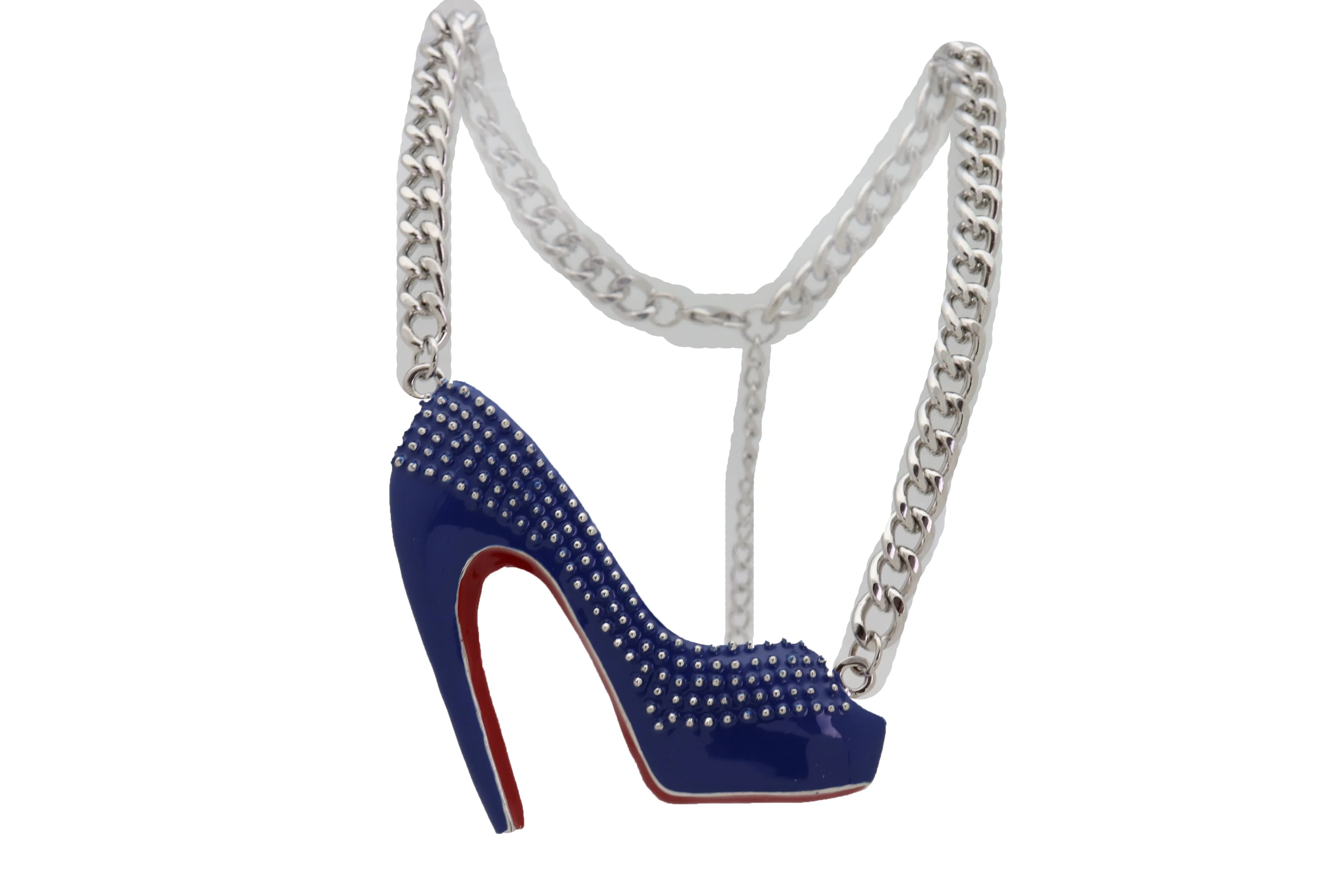 Silver Metal Chain Necklace Blue Heel Pump Shoe Pendant