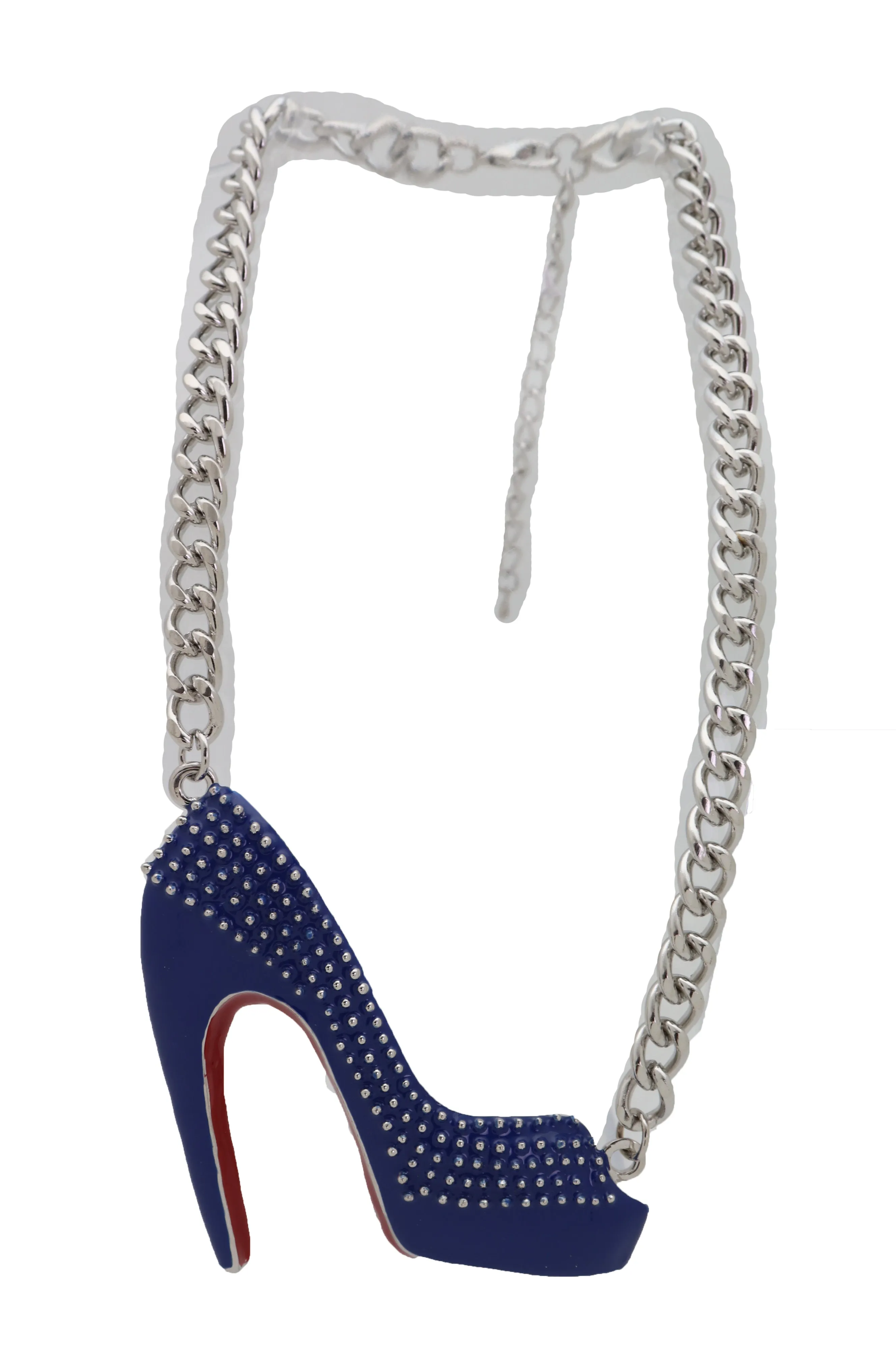 Silver Metal Chain Necklace Blue Heel Pump Shoe Pendant