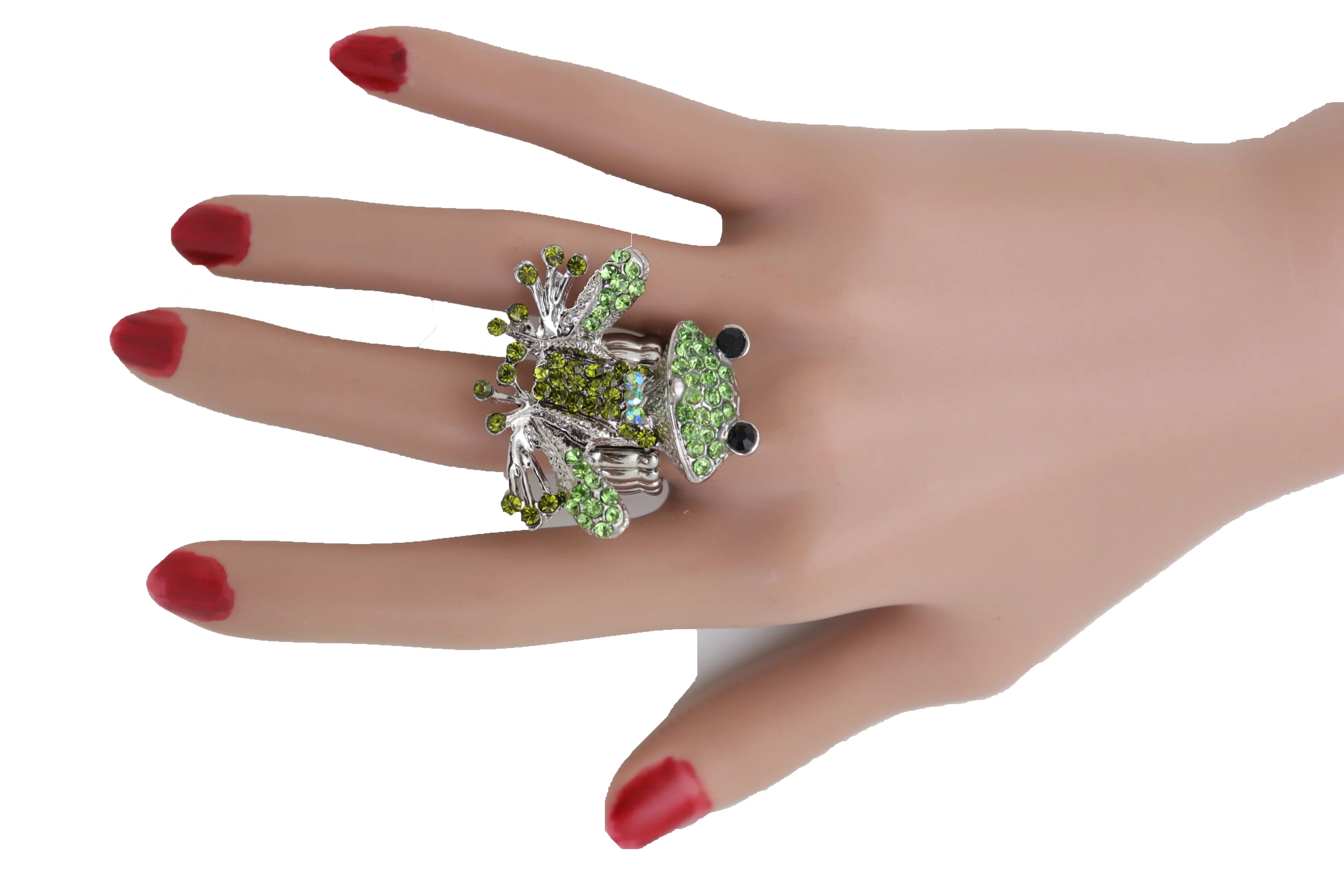Silver Metal Ring Elastic Band Green Color Frog One Size